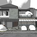 Modern Single-family House With Large Glass Windows Second-floor Balcony Planters Cars Surrounding Trees Sunset Sky