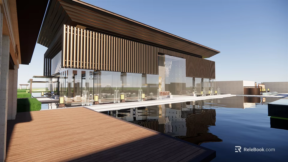 Modern Architectural Design With Wooden Slatted Roof And Glass Curtain Walls By Water Pool 3d model 