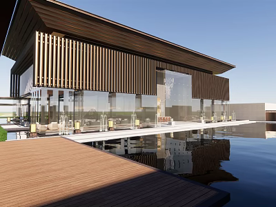 Modern Architectural Design With Wooden Slatted Roof And Glass Curtain Walls By Water Pool 3d model