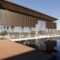 Modern Architectural Design With Wooden Slatted Roof And Glass Curtain Walls By Water Pool