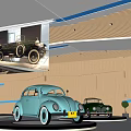 Vintage Car Exhibition Hall With Classic Vehicles And Hanging Posters