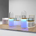 Elegant Modern Display Shelves With Golden Frame Glass Display And Marble Countertop On Wooden Floor