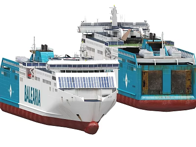 Blue And White Bahama Ferry Ships With Red Bottom And Upper Deck Structure 3d model