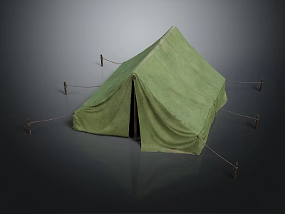 Green Canvas Camping Tent With Support Poles And Guy Ropes Setup 3d model