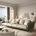 Modern Living Room Interior With Beige Sofa Green Frame Pillows Area Rug And Decorative Cabinet