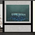 Modern Interior Decor With Large Wall Painting Of Blue And White Figures And Decorative Tree