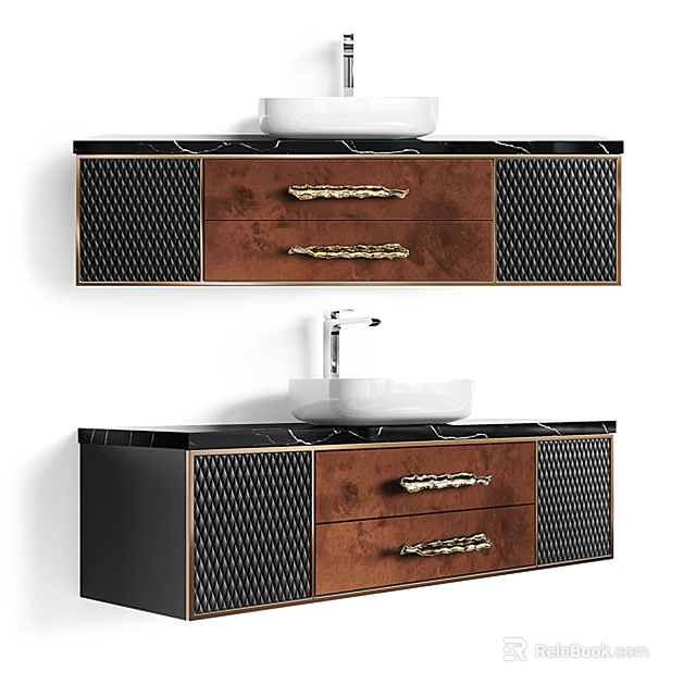Black and Brown Modern Washbasin Vanity with Wooden Cabinet Mesh Panels and Metal Handles 3d model 