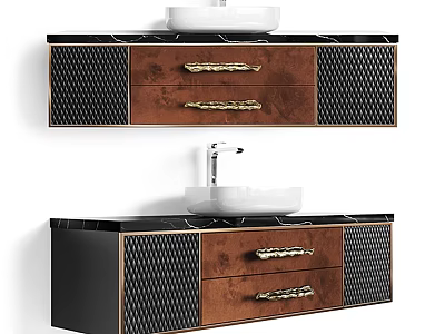 Black and Brown Modern Washbasin Vanity with Wooden Cabinet Mesh Panels and Metal Handles 3d model