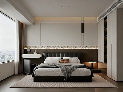 Elegant Modern Bedroom Interior Design With Large Window City View Bed Headboard And Rug 3d model