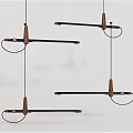 Three Modern Minimalist Pendant Lights with Black Metal Rods Wooden Connectors and Bulbs