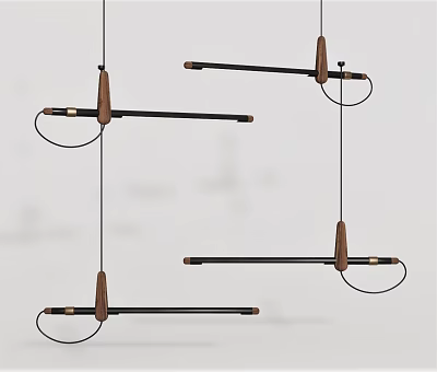 Three Modern Minimalist Pendant Lights with Black Metal Rods Wooden Connectors and Bulbs 3d model