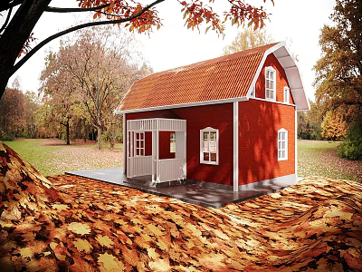 Charming Red Cottage With White Windows Red Roof And Autumn Leaves Surrounded By Trees 3d model
