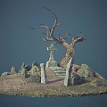 Desolate Hill Scene With Dead Tree Stone Cross And Stone Monuments