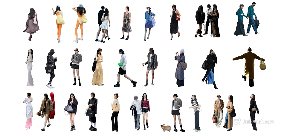 Group of People in Various Stylish Outfits Walking Standing with Bags 3d model 