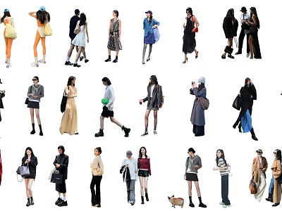 Group of People in Various Stylish Outfits Walking Standing with Bags 3d model