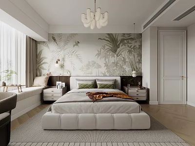 Tropical Bedroom Interior Design With Plant Wallpaper Chandelier Bed Nightstands And Rug 3d model