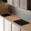 Modern Kitchen Interior With Wooden Cabinets Perforated Doors And Marble Countertop