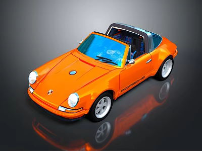 Orange Porsche Classic Convertible Car with Shiny Exterior Black Top and Silver Wheels 3d model