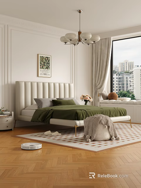 Modern Bedroom Interior With White Headboard Bed Green Comforter And Window Seat 3d model 