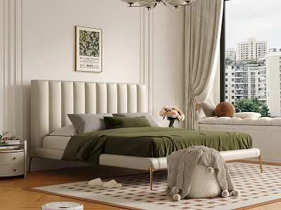 Modern Bedroom Interior With White Headboard Bed Green Comforter And Window Seat 3d model