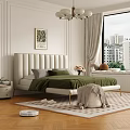 Modern Bedroom Interior With White Headboard Bed Green Comforter And Window Seat