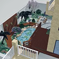 Beautiful Garden Landscape With Wooden Deck Railing Rock Formations Flowers Pine Trees And Pond