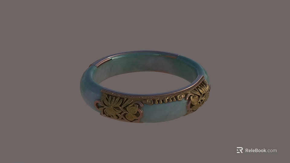 Elegant Light Green Jade Bracelet With Golden Carved Decorative Patterns 3d model