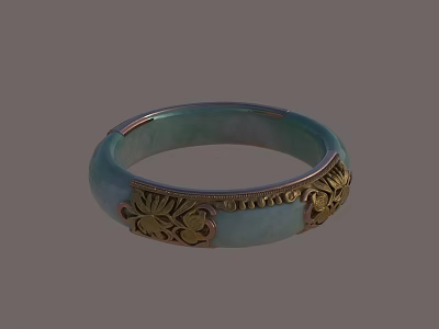 Elegant Light Green Jade Bracelet With Golden Carved Decorative Patterns 3d model