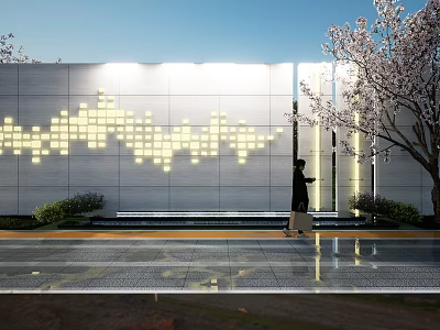 Modern Feature Wall With Lighted Square Patterns Cherry Blossom Tree And Person Walking On Paved Ground 3d model