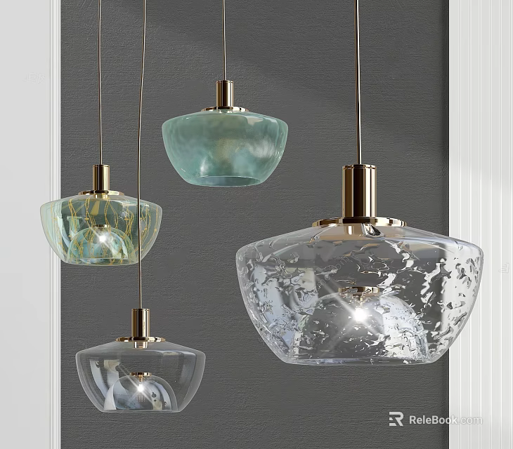 Modern Glass Pendant Lights With Golden Bases And Various Designs In Grey Background 3d model 