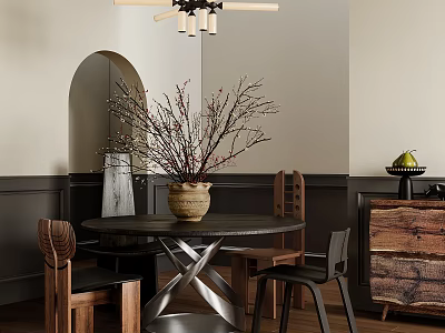 Round Dining Table Set with Chairs Vase Branches Chandelier Dark Walls Wooden Cabinet and Fruit 3d model