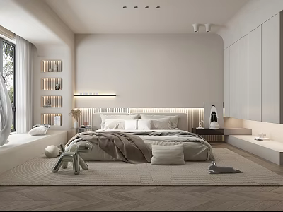 Modern Bedroom Interior Design With Neutral Bed Headboard Wardrobe And Window Rug 3d model