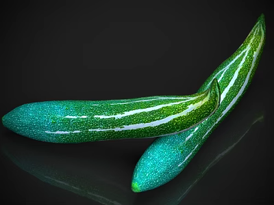 Two Fresh Green Zucchini With White Stripes On Black Reflective Background 3d model