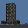 Tall Modern Hotel Building With Glass Facade Ornamental Base And Blue Rooftop