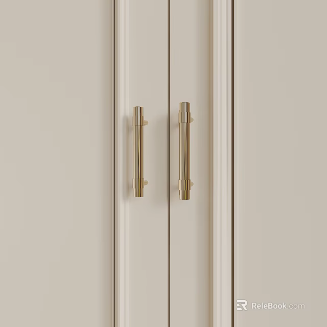 White Cabinet Doors Featuring Sleek Golden Handles And Minimalist Design Elements 3d model 