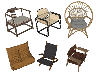 Different Design Single Chairs With Wicker Rattan Wooden Frame And Soft Cushioned Seats 3d model