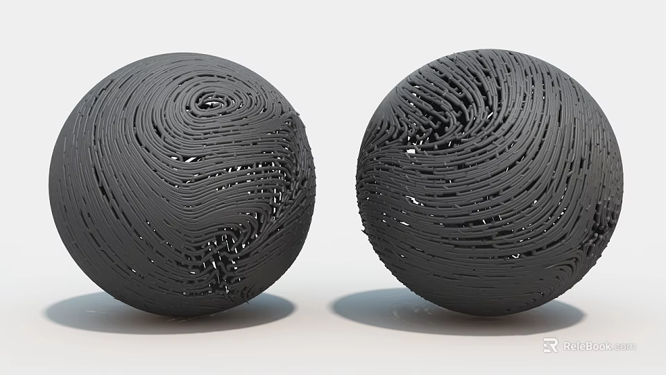 Two Black Spherical Art Installation With Intricate Spiral Textured Surface 3d model 