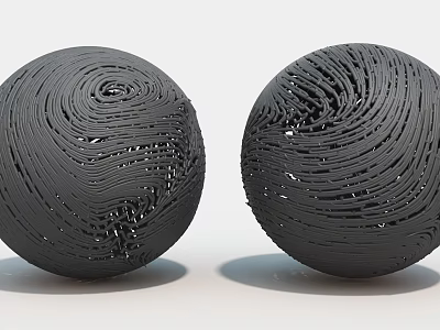 Two Black Spherical Art Installation With Intricate Spiral Textured Surface 3d model