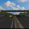 Pedestrian Bridge Over Wide Highway With Pedestrians Vehicles Trees Blue Sky And White Clouds