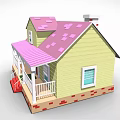 Cartoon House Scene Featuring Yellow Exterior Pink Roof Red Stairs White Porch Railings And Windows
