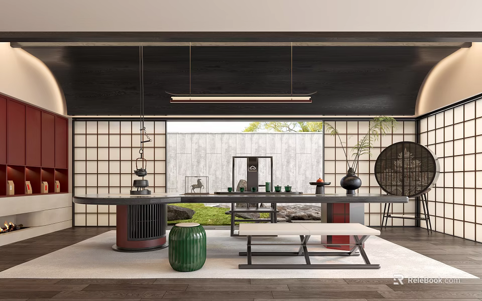 Traditional Tea Room Interior With Lattice Windows Tea Sets Round Screen And Green Plants 3d model 