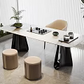 Modern Tea Table and Chairs Interior with White Top Black Legs Beige Stools Tea Set 3d model
