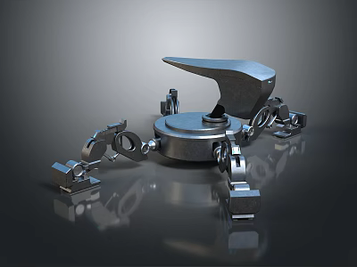 Robot Character Interacting With Metallic Creature Machinery Claw Arms And Hammer Head 3d model