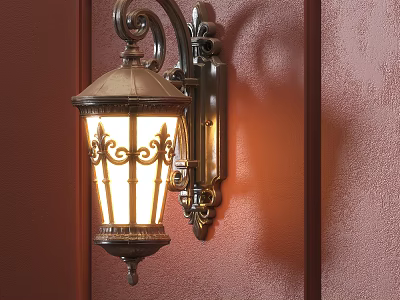 Vintage Wall Sconce with Ornate Carvings Lit on Brown Textured Wall 3d model