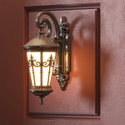 Vintage Wall Sconce with Ornate Carvings Lit on Brown Textured Wall 3d model