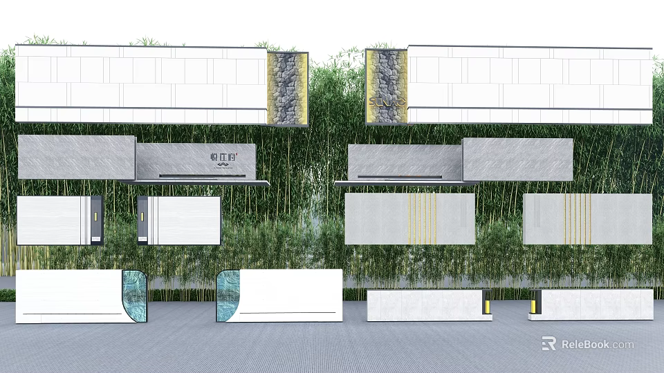 Modern Landscape Feature Wall Design With Bamboo Plants Stone Panels And Glass Elements 3d model 