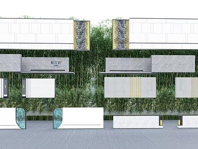Modern Landscape Feature Wall Design With Bamboo Plants Stone Panels And Glass Elements 3d model