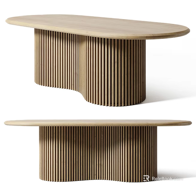 Light Wood Modern Dining Table With Oval Top And Vertical Striped Legs 3d model 