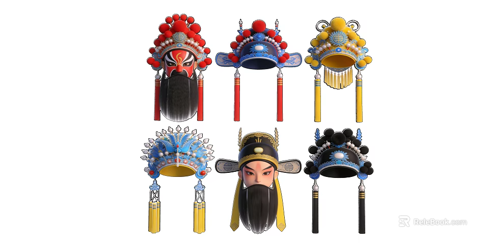 Traditional Peking Opera Mask Hanging Ornaments With Colorful Designs And Tassels 3d model 
