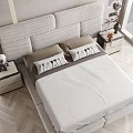 Modern Double Bed with Tufted Headboard Plush Pillows and Decorative Nightstands in Bedroom